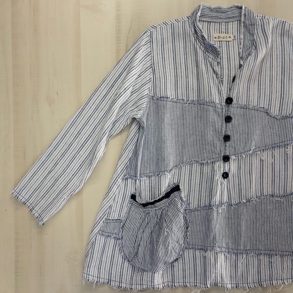 BODIL striped patchwork pocket tunic top blouse lagenlook linen blue XL art work - Picture 6 of 9
